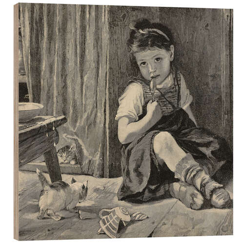 Wood print Young girl and a kitten which broke a cup