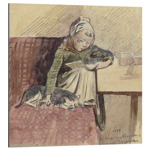 Print på aluminium Reading Child with Cat, Hugo Kauffmann, 1860