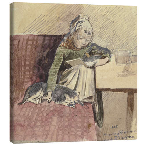 Leinwandbild Lesendes Kind mit Katze, Hugo Kauffmann, 1860