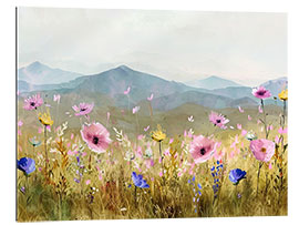 Quadro em plexi-alumínio Flower Field In Front Of Mountain Landscape