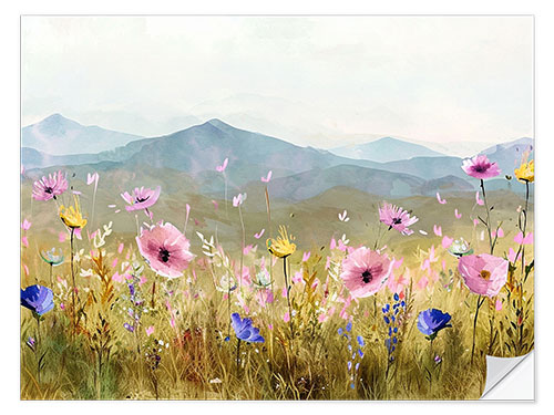 Sticker mural Flower Field In Front Of Mountain Landscape