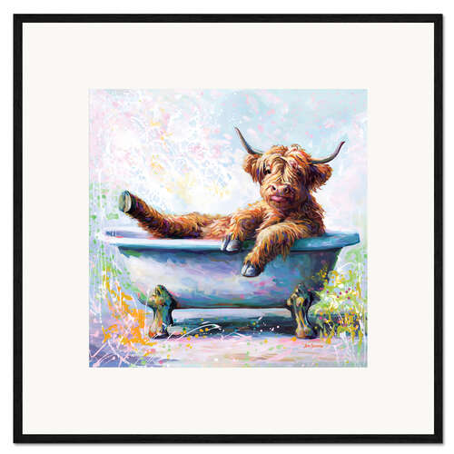 Gerahmter Kunstdruck Baby Hochlandrind in der Wanne
