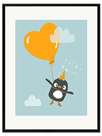 Inramat konsttryck Cute Penguin With Balloon