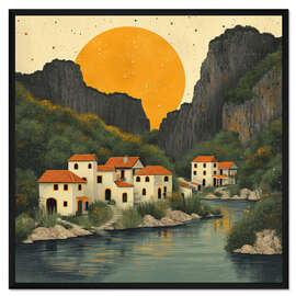Gerahmter Kunstdruck Friedliches Dorf im Flusstal