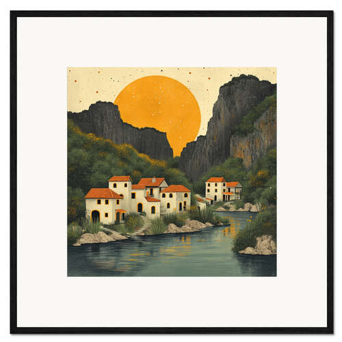 Framed art print Peaceful village in the river valley