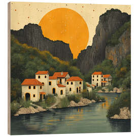 Hout print Peaceful village in the river valley