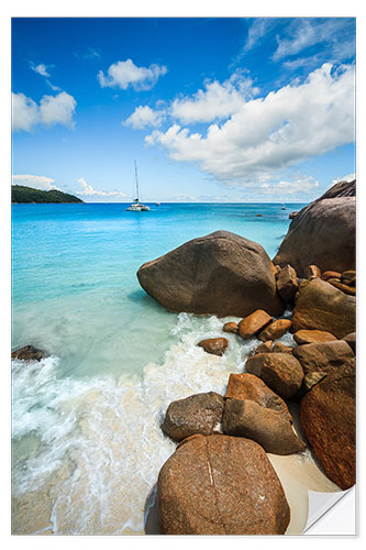 Selvklebende plakat Ocean and rocks, Seychelles