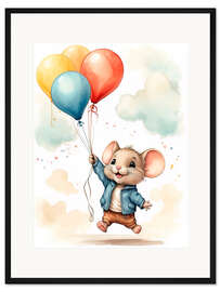 Gerahmter Kunstdruck Maus mit Luftballons