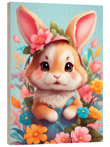 Wood print Easter Bunny with flowers III