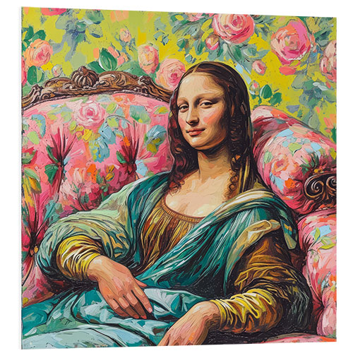 Foam board print Mona Lisa laying on pink sofa