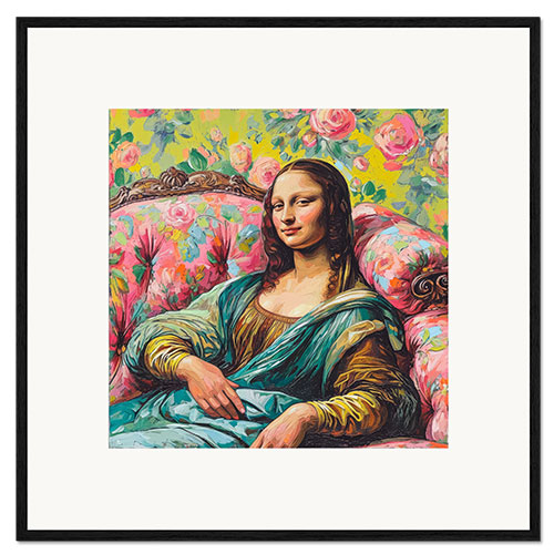 Gerahmter Kunstdruck Mona Lisa liegt auf einem rosa Sofa