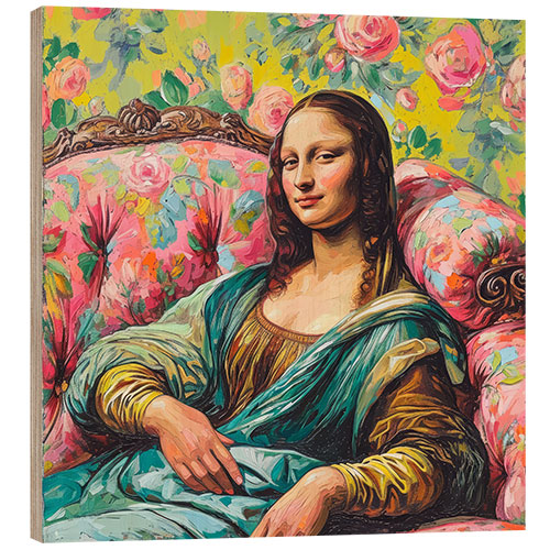 Holzbild Mona Lisa liegt auf einem rosa Sofa