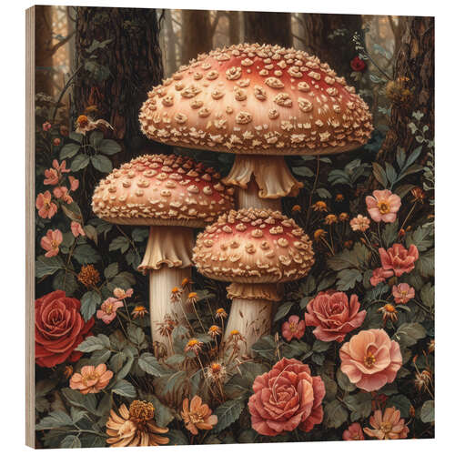 Tableau en bois Rose Bushes with Mushrooms