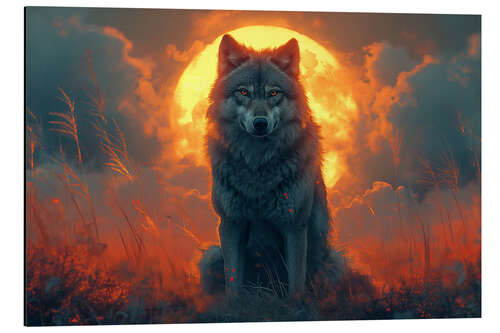 Tableau en aluminium A Gray Wolf in the glow of the sunset