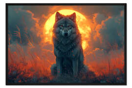 Gerahmter Kunstdruck Ein grauer Wolf im Schein des Sonnenuntergangs