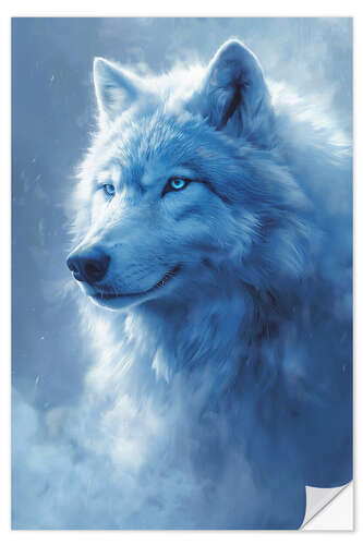 Selvklebende plakat A White Wolf's Portrait in Ethereal Mist