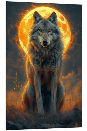 Tableau en PVC Majestic Wolf under a Fiery Moon