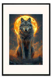 Gerahmter Kunstdruck Majestätischer Wolf unter einem feurigen Mond