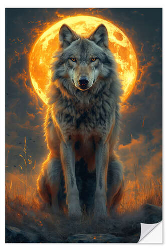 Naklejka na ścianę Majestic Wolf under a Fiery Moon