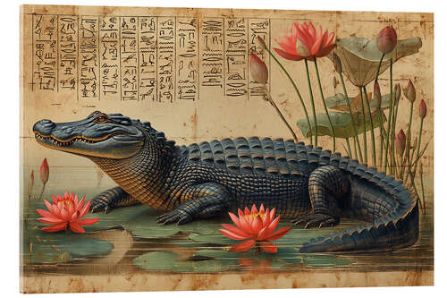 Acrylglas print Crocodile amidst Lotus Flowers on Papyrus