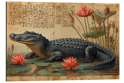 Tableau en aluminium Crocodile amidst Lotus Flowers on Papyrus