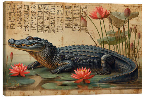 Canvas print Crocodile amidst Lotus Flowers on Papyrus