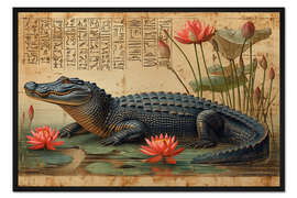 Gerahmter Kunstdruck Krokodil inmitten von Lotusblüten auf Papyrus