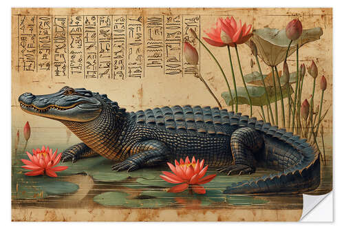 Sticker mural Crocodile amidst Lotus Flowers on Papyrus
