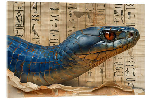 Tableau en verre acrylique A shimmering blue cobra on papyrus