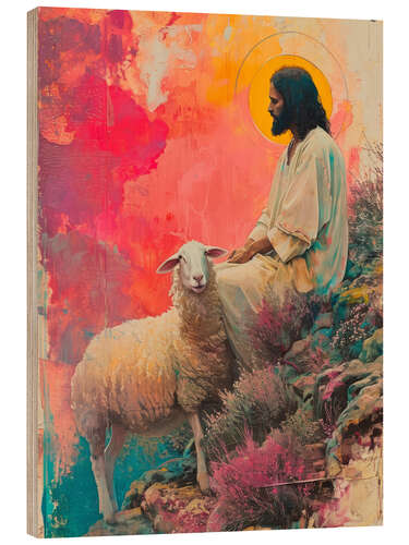 Tableau en bois Jesus with sheep