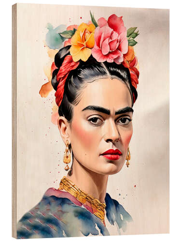 Wood print Frida Kahlo with Flowers in Her Hair I