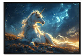 Gerahmter Kunstdruck Majestätisches Einhorn ruht am Abend auf einer Wiese
