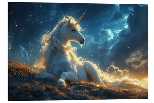 Foam board print Majestic Unicorn Rests on a Meadow at Evening