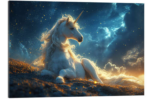 Gallery print Majestic Unicorn Rests on a Meadow at Evening