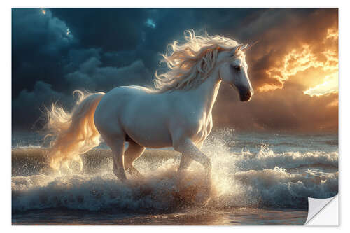 Selvklebende plakat Enchanting Unicorn Gallops Along a Beach