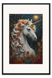 Gerahmter Kunstdruck Ein Einhorn mit herbstlichen Blättern und Mond