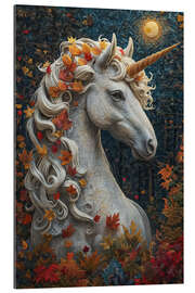 Tableau en plexi-alu Unicorn With Autumn Leaves and Moon