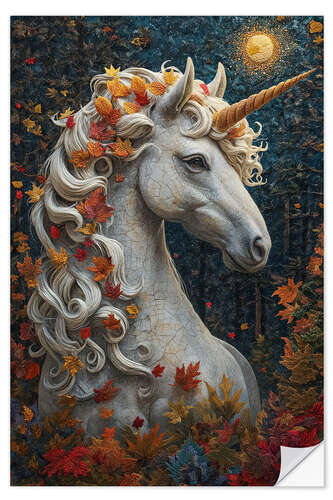 Sticker mural Unicorn With Autumn Leaves and Moon