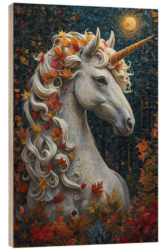 Quadro de madeira Unicorn With Autumn Leaves and Moon