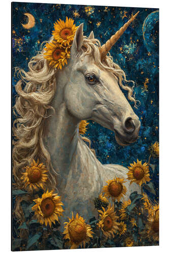 Alumiinitaulu A Sunny Unicorn Standing in a Meadow With Sunflowers