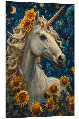 Foam board print A Sunny Unicorn Standing in a Meadow With Sunflowers