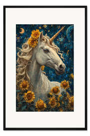 Gerahmter Kunstdruck Ein sonniges Einhorn steht auf einer Wiese mit Sonnenblumen