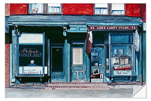 Sticker mural Palace Barber Shop and Lee's Candy Store, Staten Island, New York, 1985