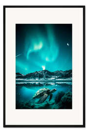 Gerahmter Kunstdruck Aurora Borealis und Schildkröte unter Wasser