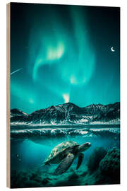 Hout print Aurora Borealis and Turtle Underwater