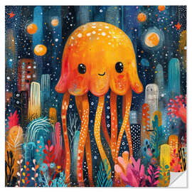 Selvklebende plakat Orange Cute Jellyfish