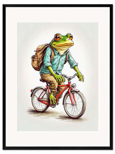 Ingelijste kunstdruk Happy Frog on a bicycle