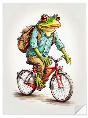 Selvklebende plakat Happy Frog on a bicycle