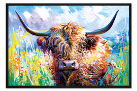 Gerahmter Kunstdruck Hochlandrind in einer farbenfrohen Landschaft