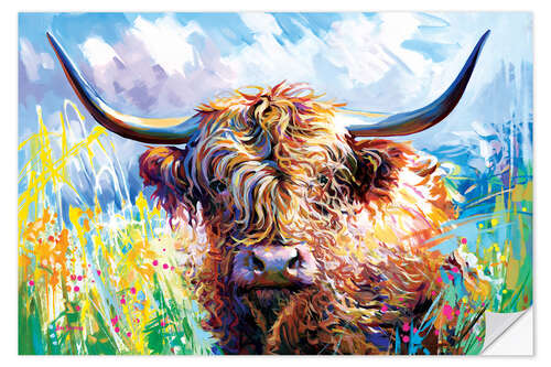 Selvklebende plakat Highland Cattle in a Colourful Landscape